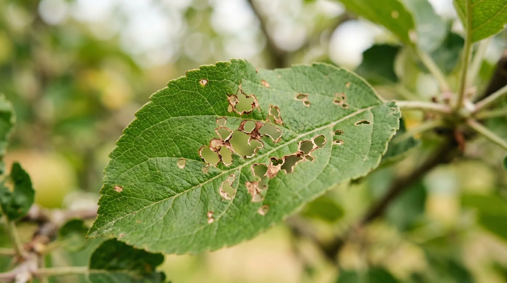 Capsid bug damage on UK apple leaves showing characteristic pinprick holes that expanded into ragged tears as leaves grew