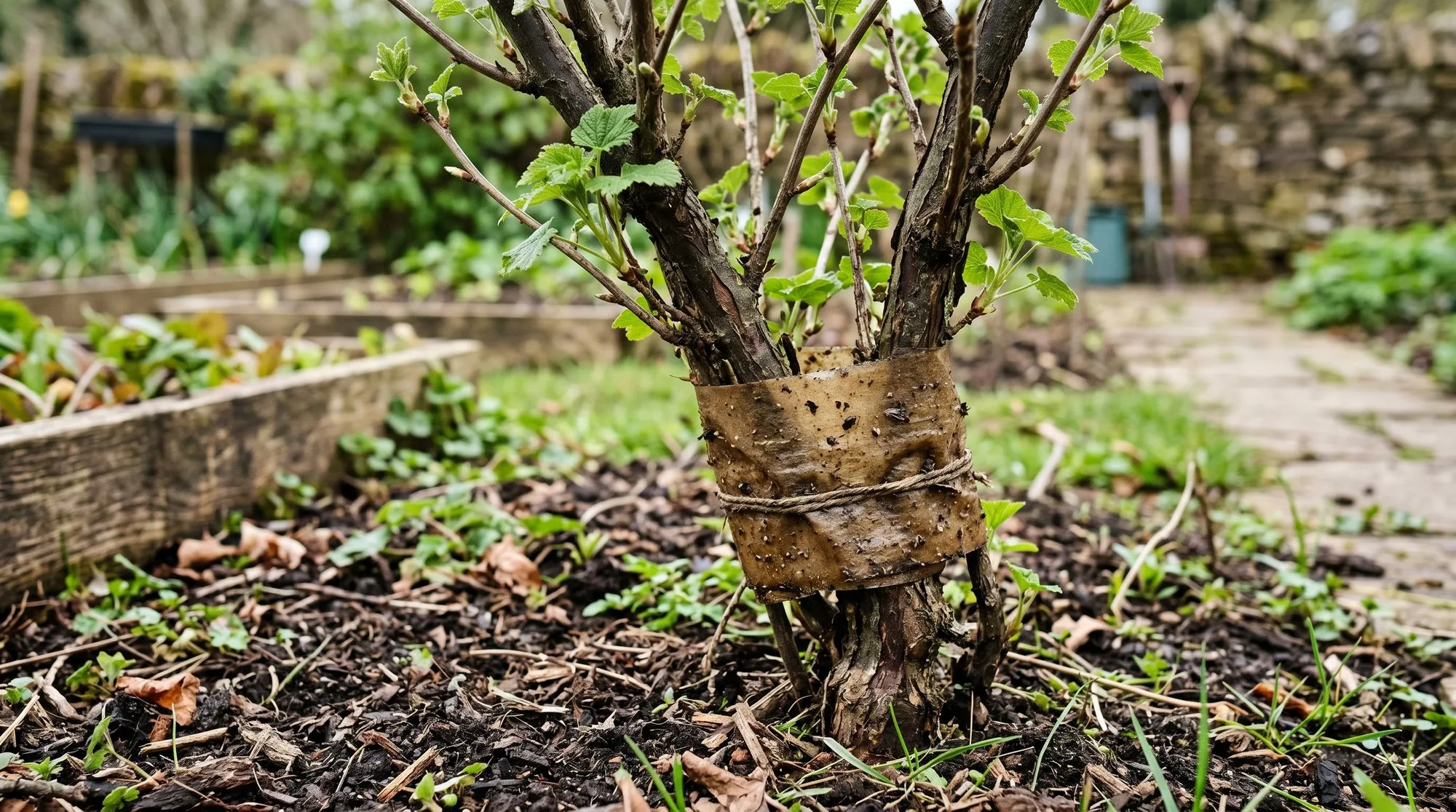 Sticky barrier band wrapped around base of currant bush stem to trap climbing capsid bug nymphs in UK garden