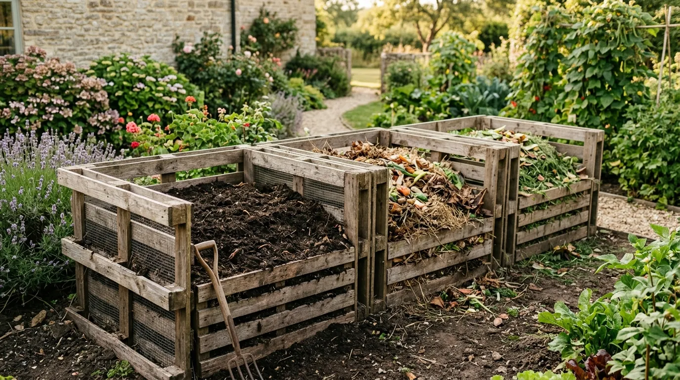 Compost bins in a carbon-friendly garden reducing waste and carbon footprint