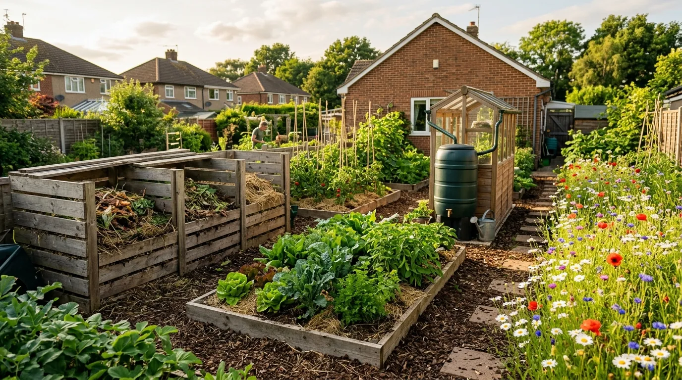 Carbon-friendly gardening with compost bins and vegetable beds in a sustainable UK garden