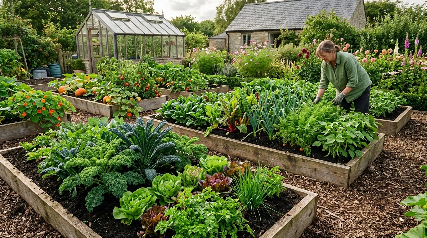 No-dig raised beds in a carbon-friendly UK garden with mulch layers
