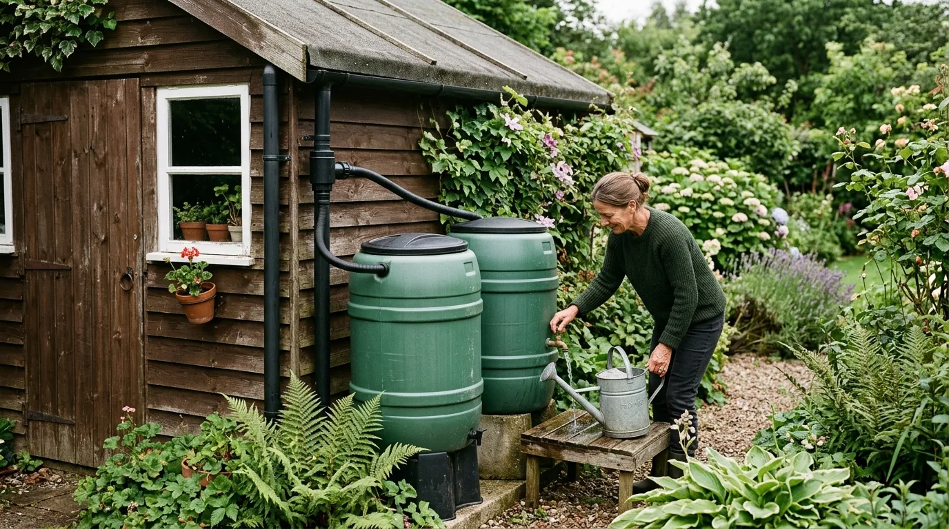 Rainwater harvesting water butts collecting rain in a carbon-friendly garden