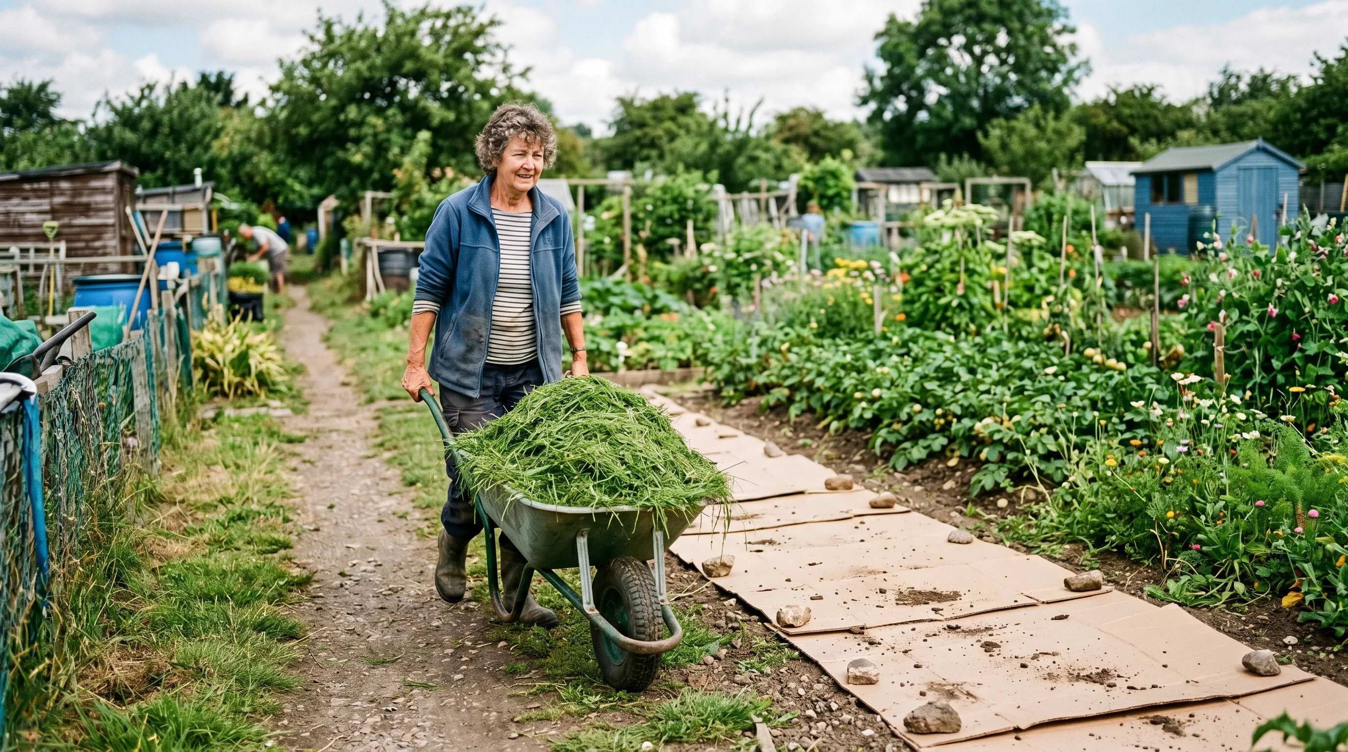 A UK gardener pushing a heaped wheelbarrow of fresh emerald green grass clippings down an allotment path next to a strip of newly-laid cardboard