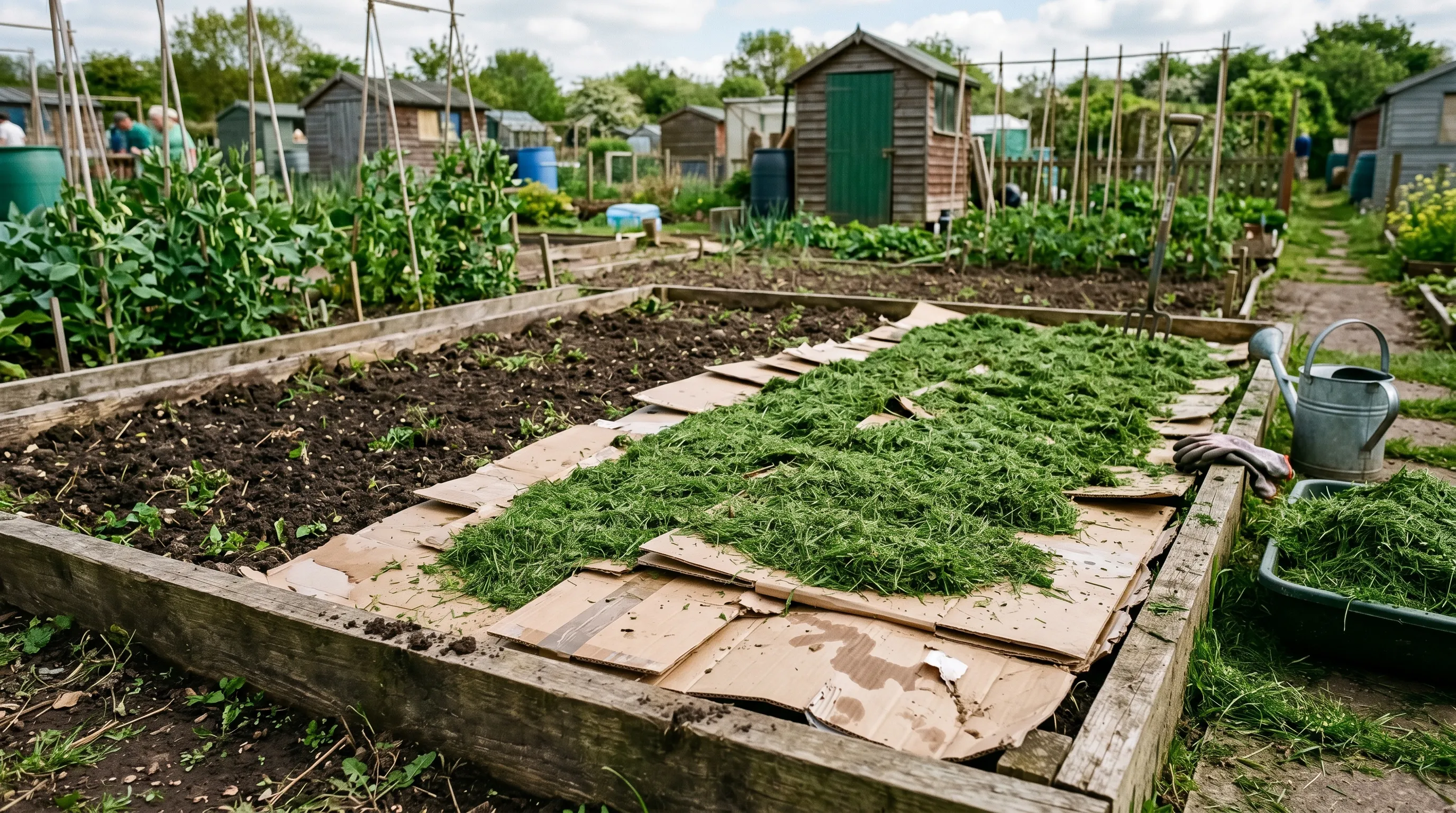 A UK allotment plot half-mulched with overlapping flattened cardboard sheets and a thick green layer of grass clippings on top