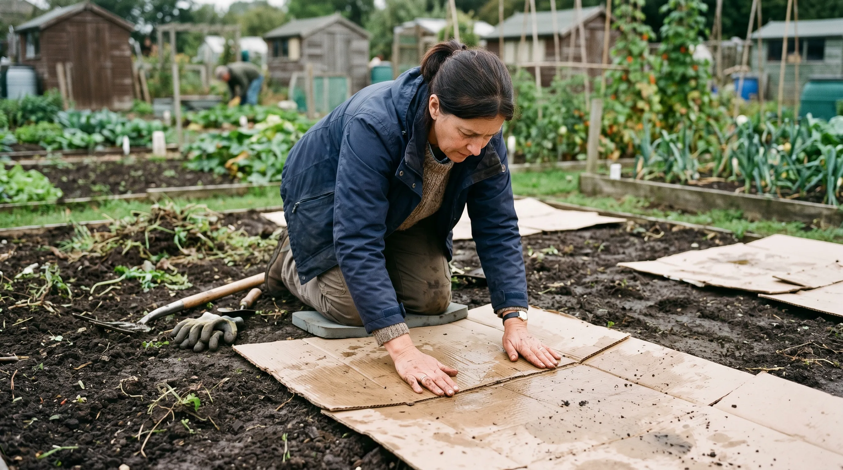 A UK gardener kneeling on a sheet of damp brown cardboard, smoothing it flat with bare hands and overlapping the edge of the next sheet by 100mm on an allotment plot