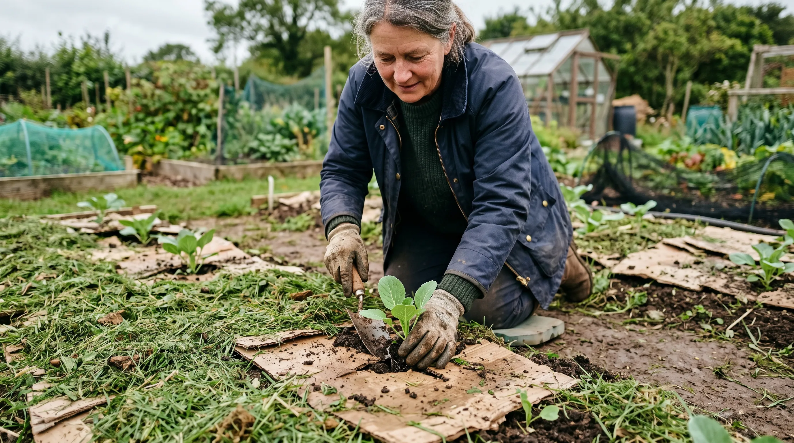 A UK gardener planting brassica seedlings through small slits cut in a layer of broken-down cardboard plus grass mulch that has been on the bed for 10 weeks