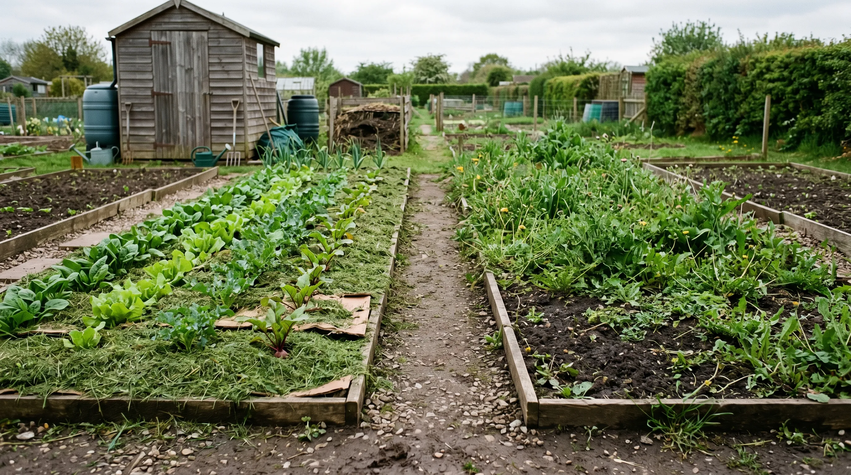 Two parallel UK allotment beds side by side, the left under fresh cardboard plus grass clipping mulch, the right under bare soil showing dense weed regrowth