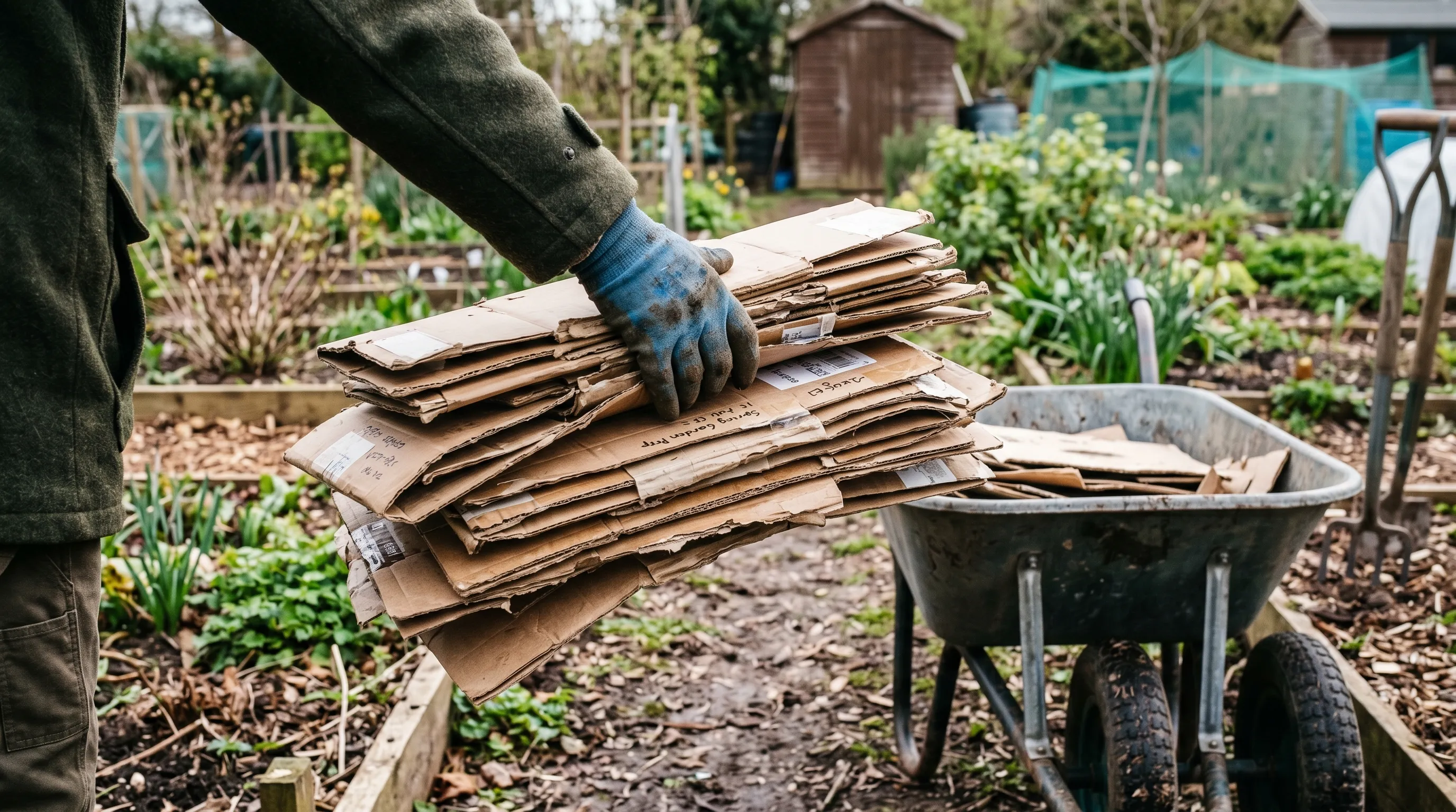 A UK gardener's hand holding a stack of broken-down brown cardboard pieces collected over 3 weeks, beside a wheelbarrow ready to be filled with the cardboard for spring mulching