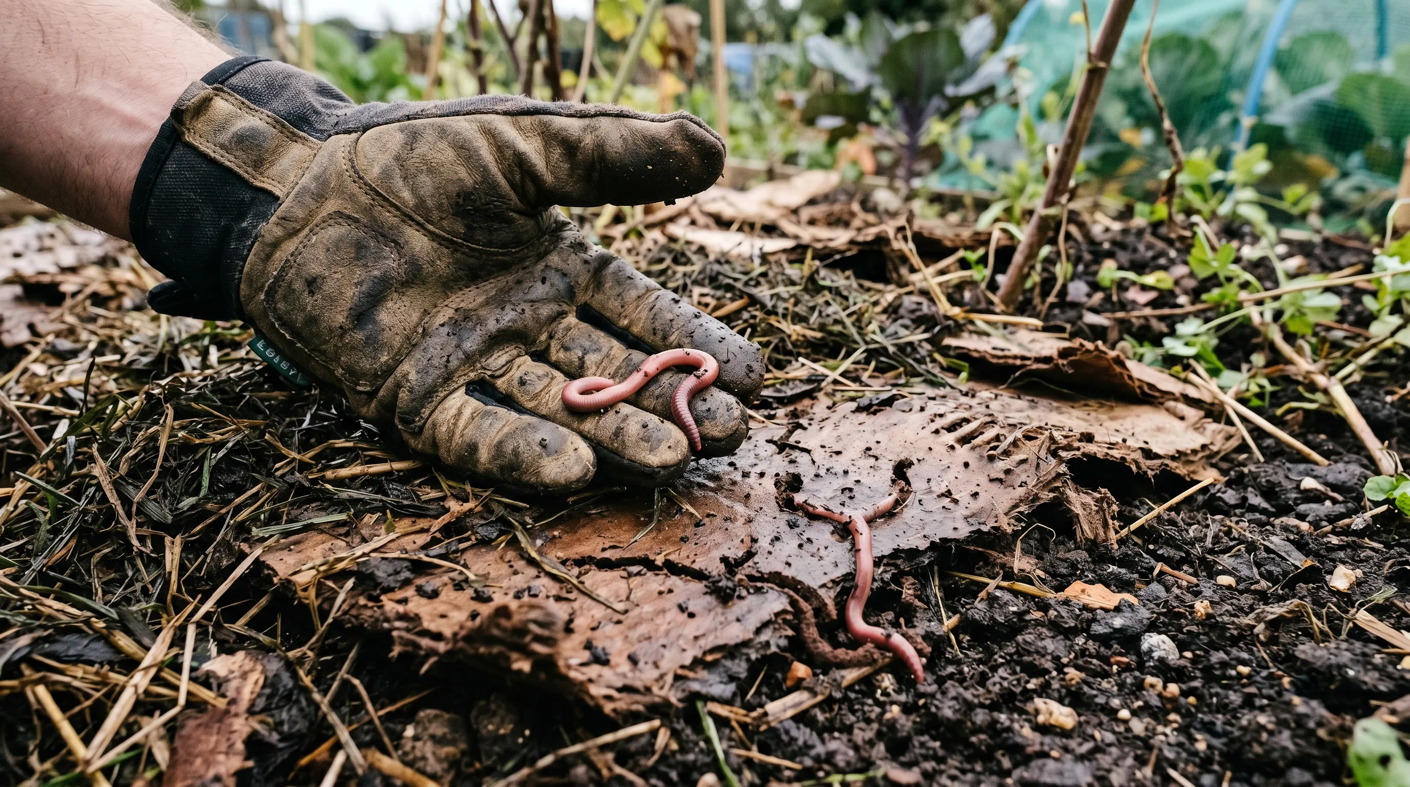 A close-up of a UK allotment bed surface 4 weeks after cardboard plus grass mulch laying, showing the cardboard partially broken down with multiple earthworm tunnels visible and a healthy worm pulled out of the mulch layer