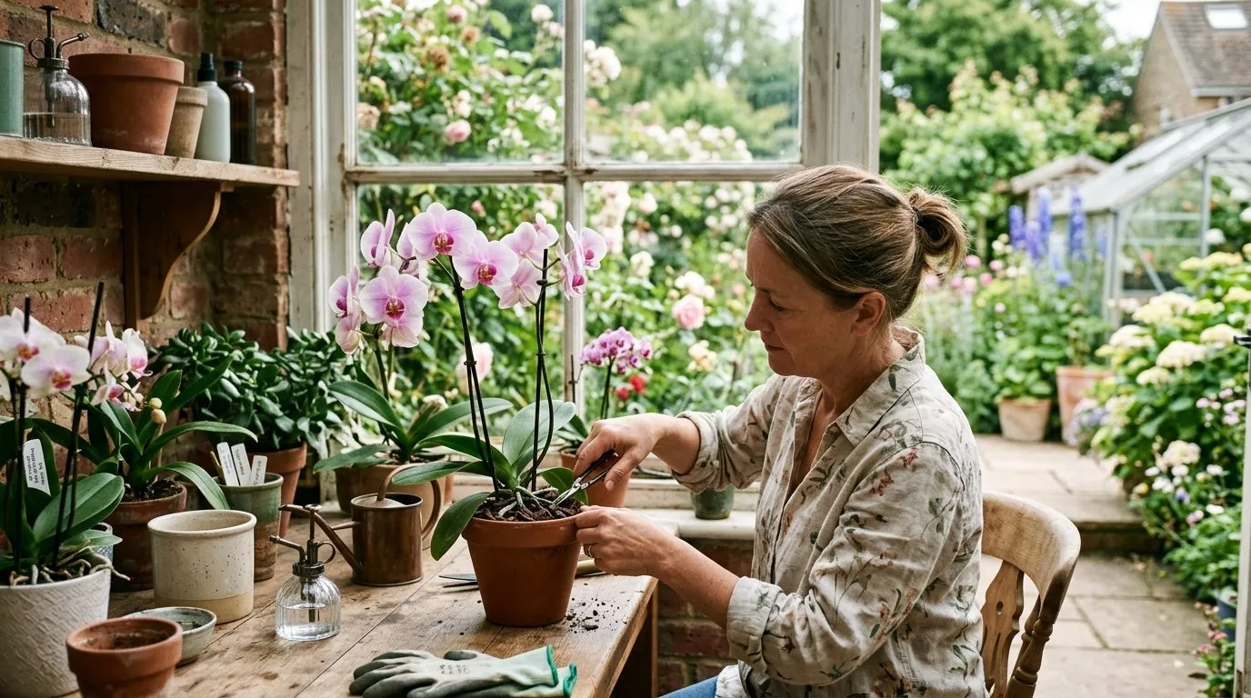 UK garden scene showing care for orchids indoors in seasonal context