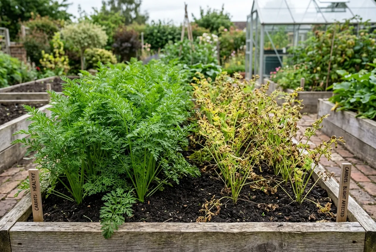 Healthy green carrot plants compared with blight-affected yellowing foliage side by side in a UK vegetable garden