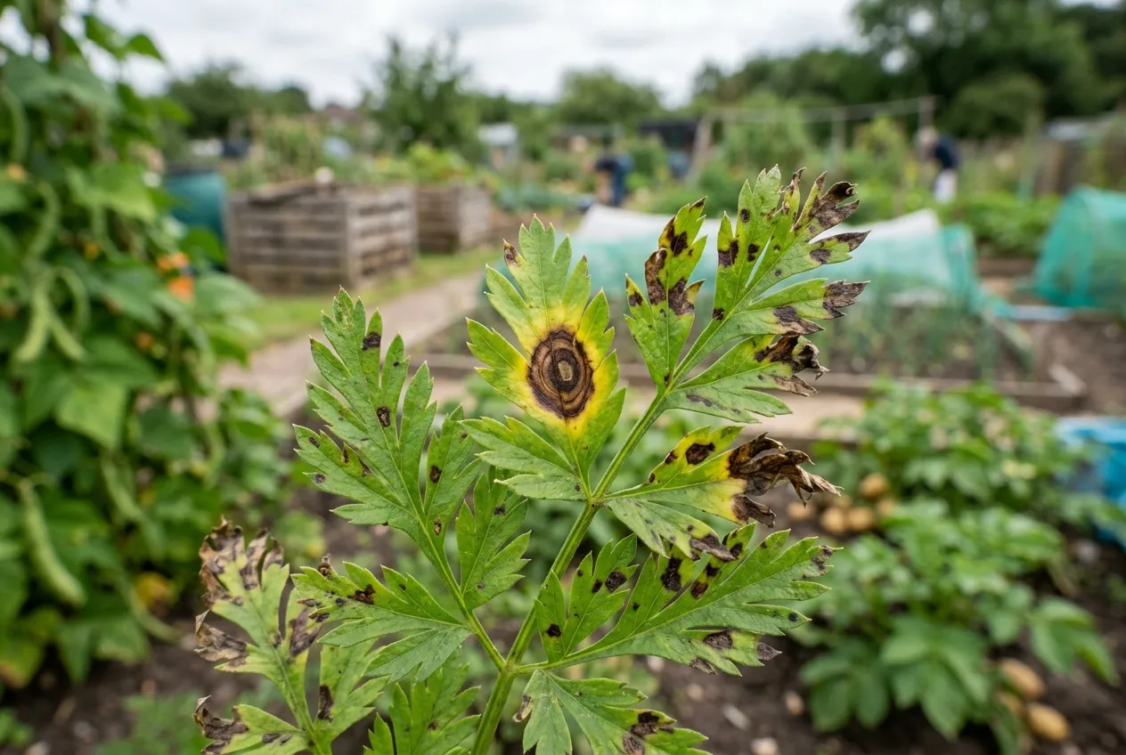 Carrot leaf blight symptoms showing dark brown lesions with concentric rings on carrot foliage