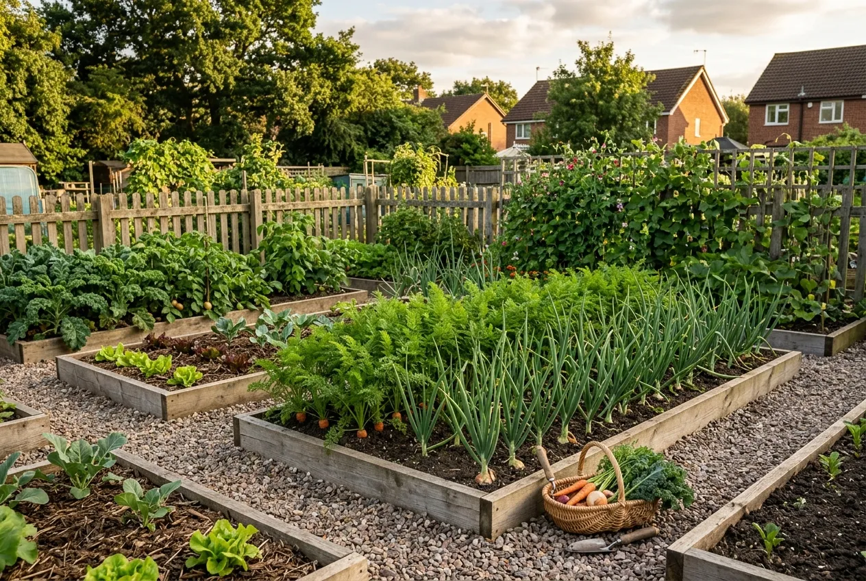 Well-spaced rows of carrots and companion plants in a tidy UK allotment showing disease prevention through good plant spacing