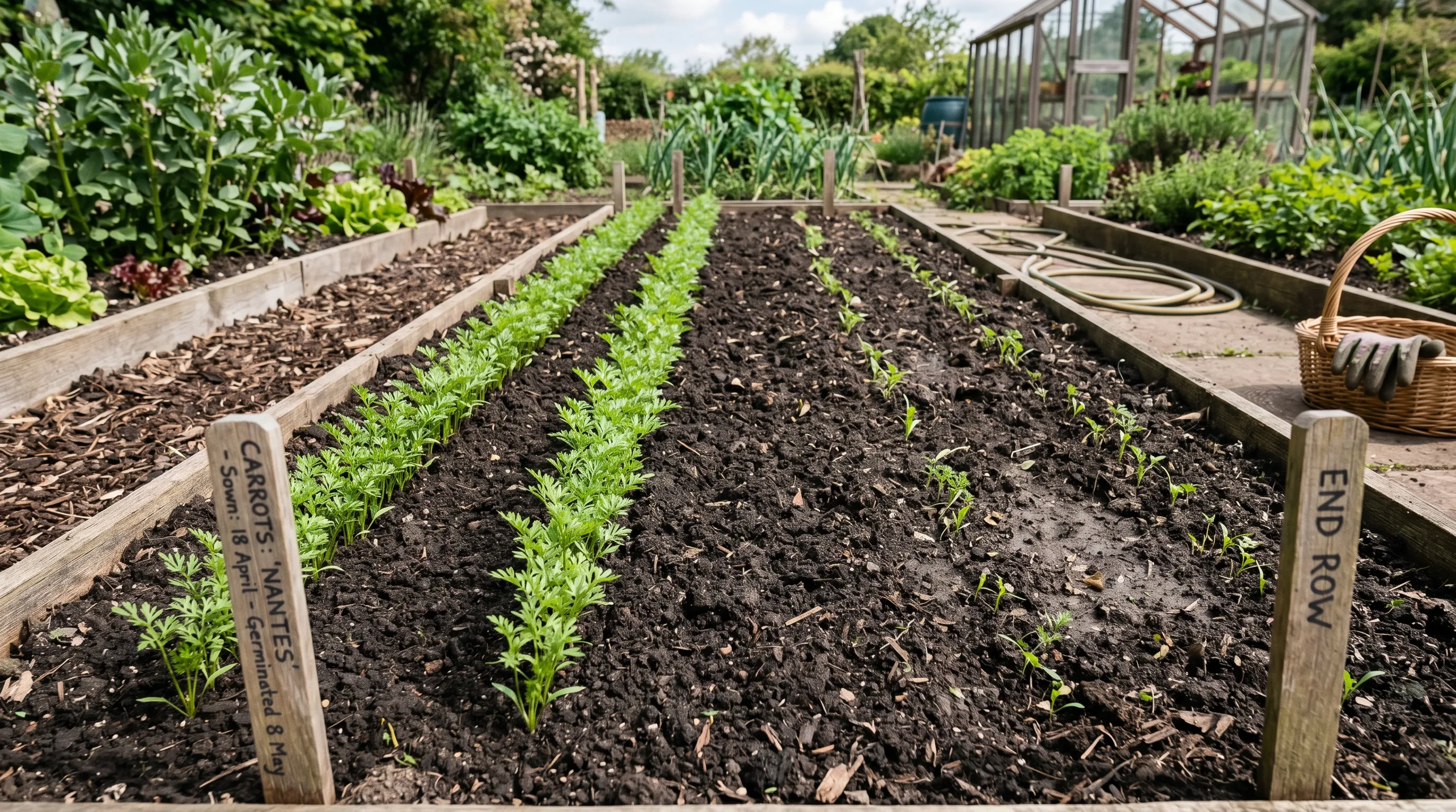 Garden bed with neat row of evenly germinated carrot seedlings from fluid drilling beside a sparser dry-sown row for comparison