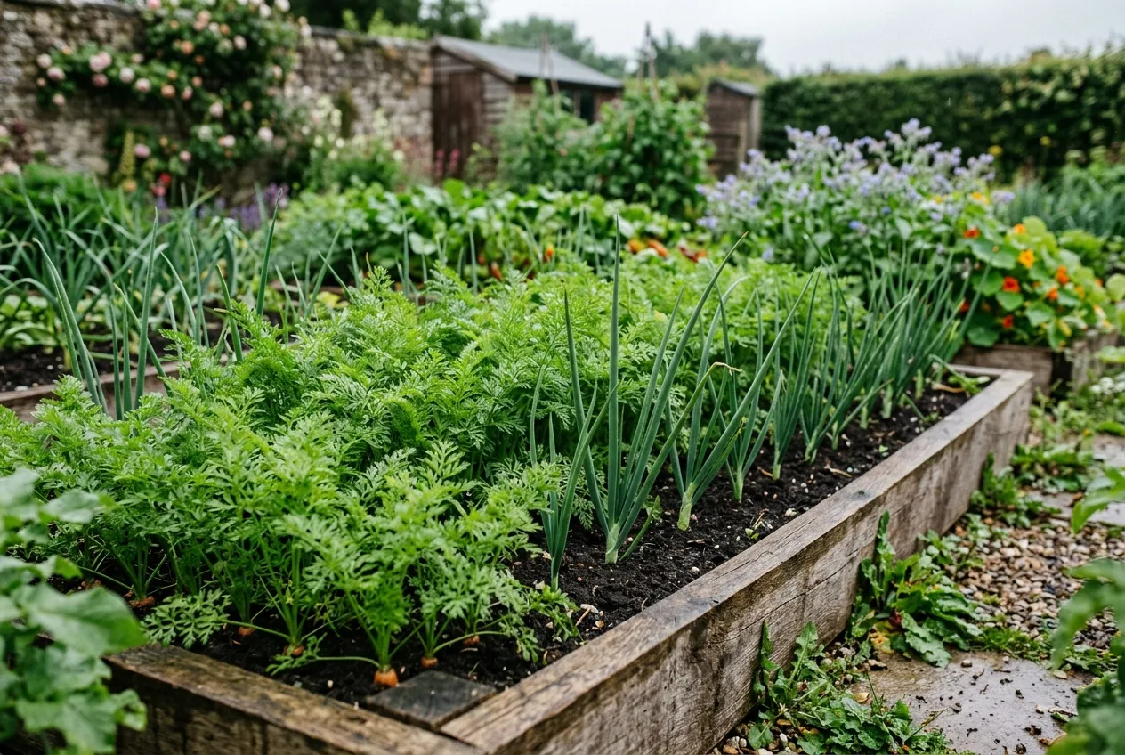 Companion planting onions interplanted with carrots in a UK vegetable garden raised bed