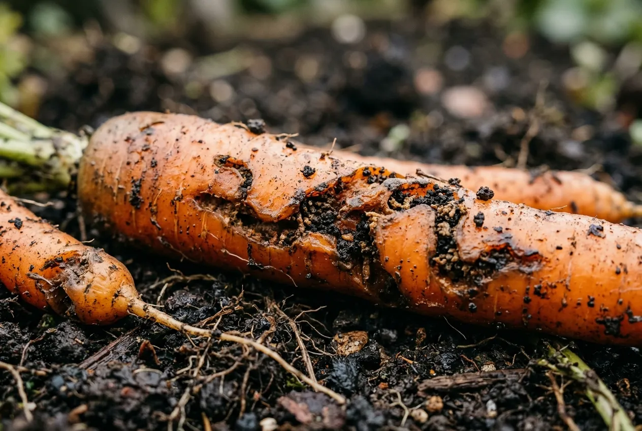 Carrot root fly damage showing rusty brown tunnels through the flesh of freshly pulled carrots