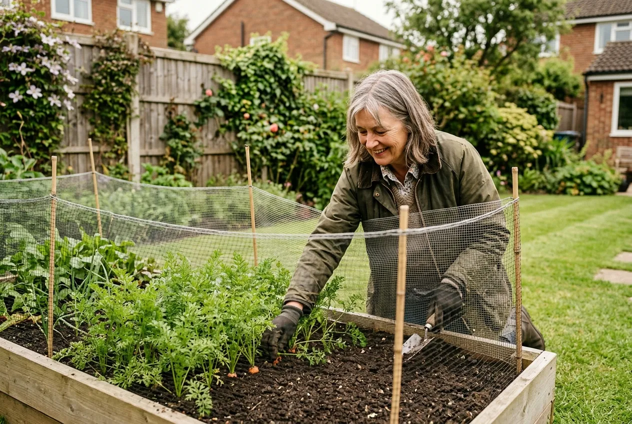 Raised bed with carrot root fly mesh barrier and a gardener tending carrots in a suburban UK garden