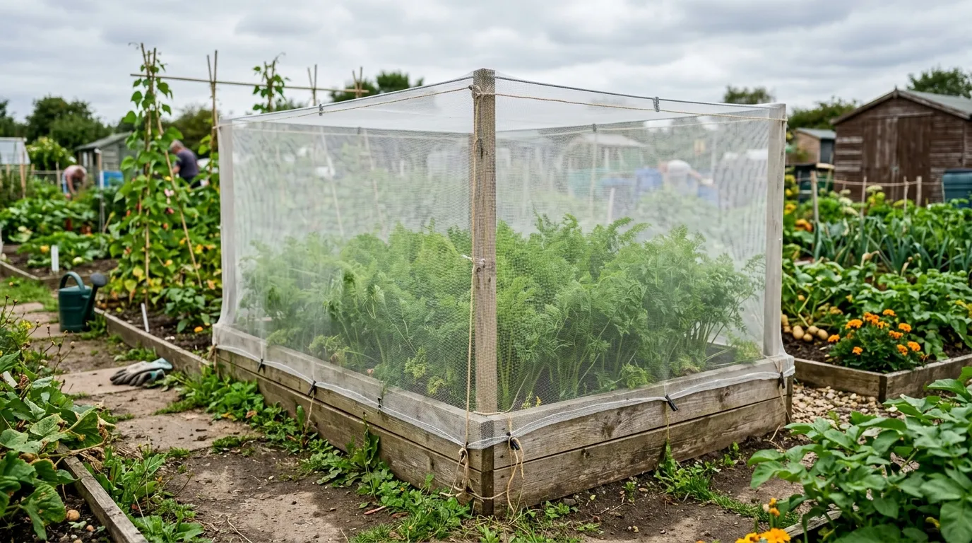 Carrot root fly prevention barrier mesh protecting carrots in a UK allotment raised bed