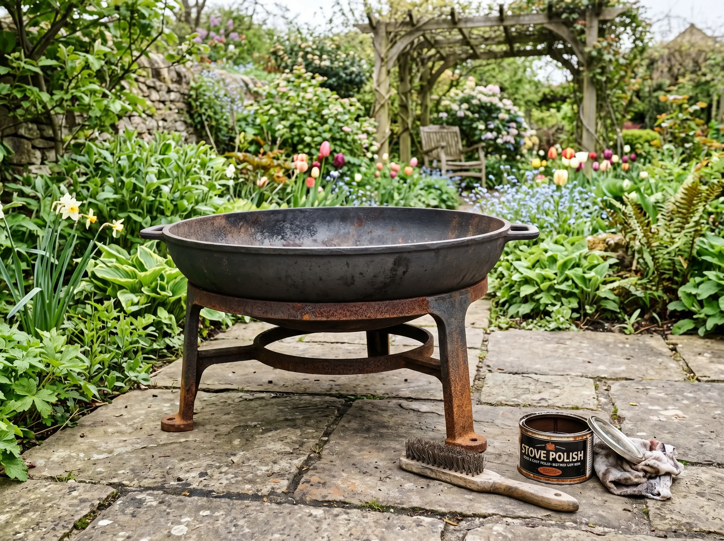 UK garden patio with a 70cm cast iron fire pit showing the dark grey castings and visible surface rust around the legs after winter exposure, ready for spring wire-brushing and polishing