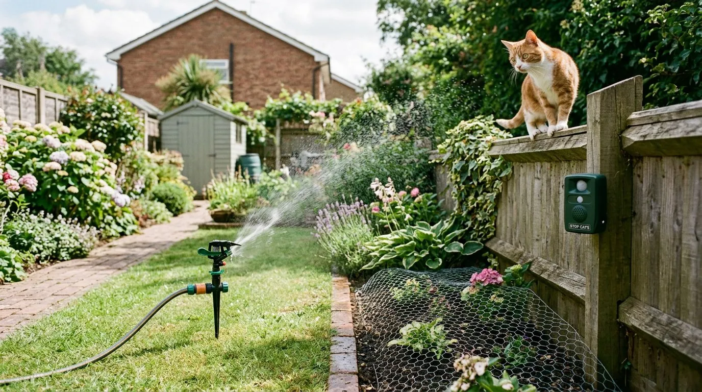 Cat deterrent methods in a UK garden including motion sprinkler, ultrasonic device and chicken wire on a bed