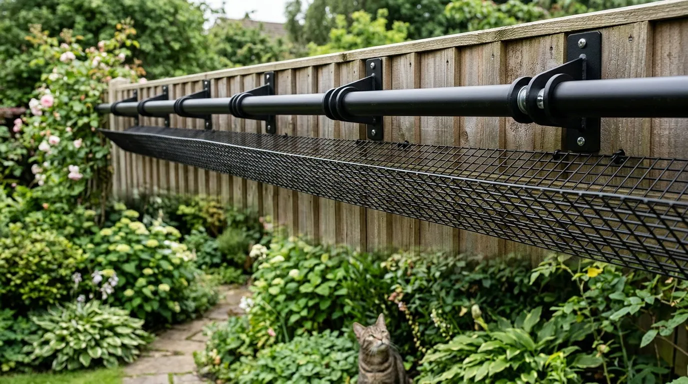 Close-up of cat-proof fence topper with black roller bars on brackets along the top of a panel fence
