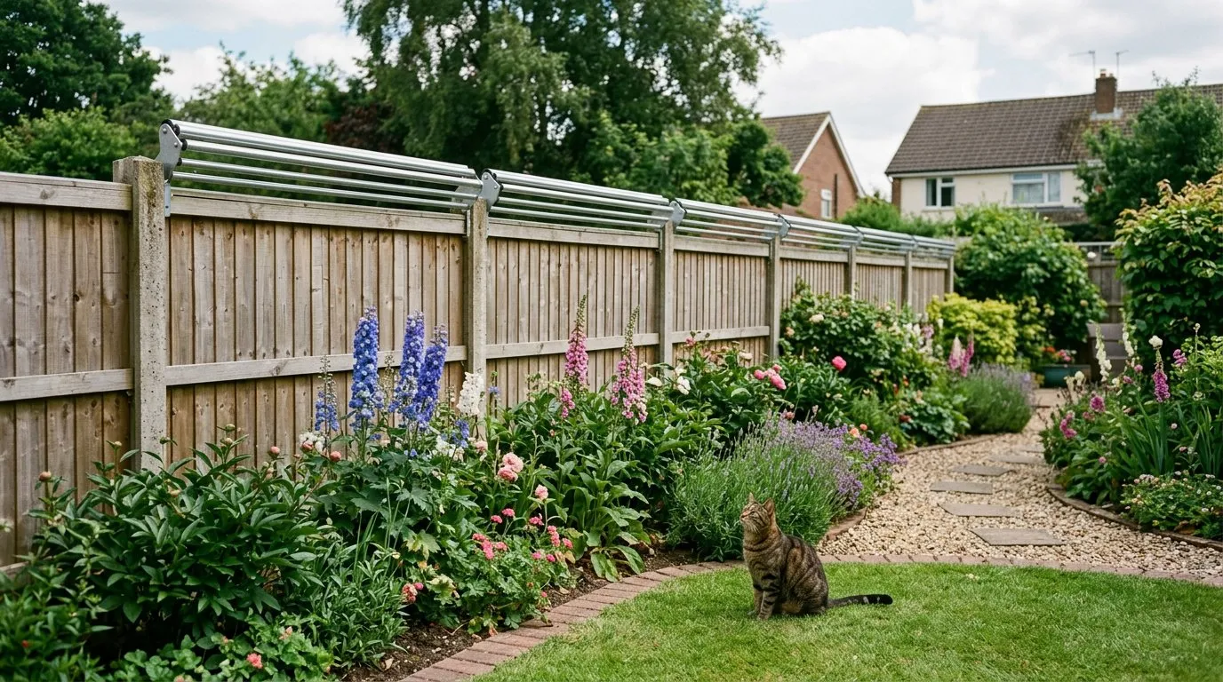 UK garden with cat-proof fencing showing roller bars along the top of a timber fence with a tabby cat inside