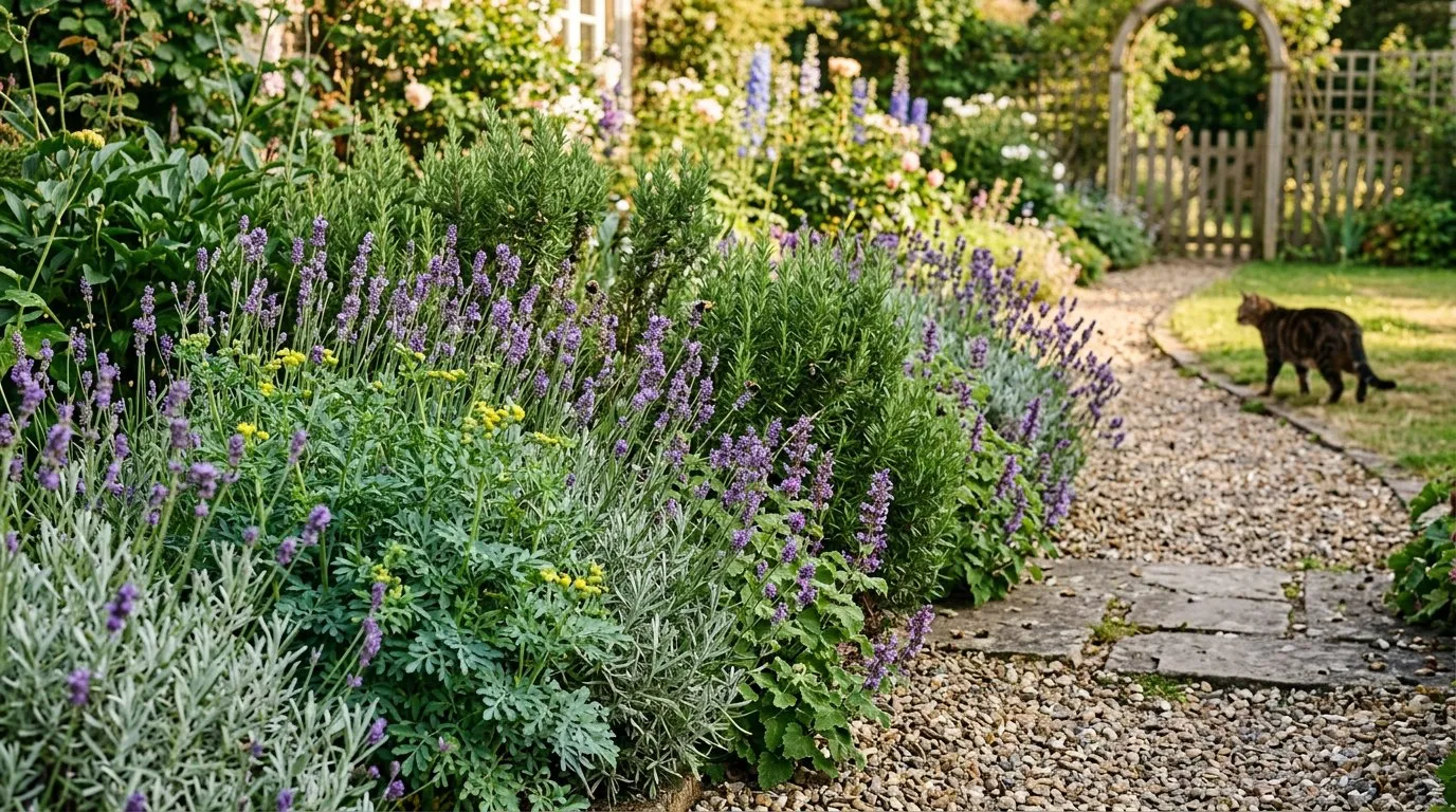 Cat-deterrent plants including lavender, rosemary, rue and Coleus canina growing in a UK garden border