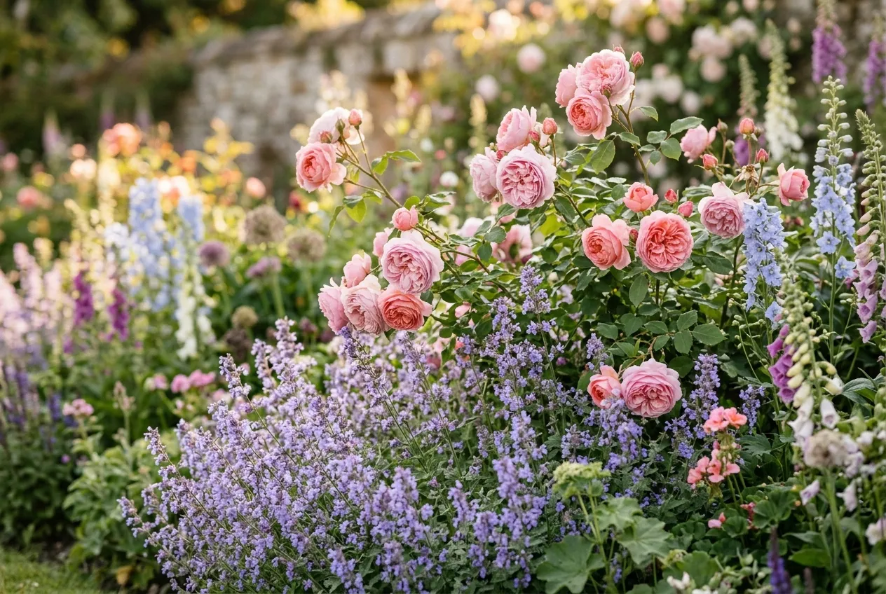 Catmint companion planting with pink roses in a classic UK cottage garden border