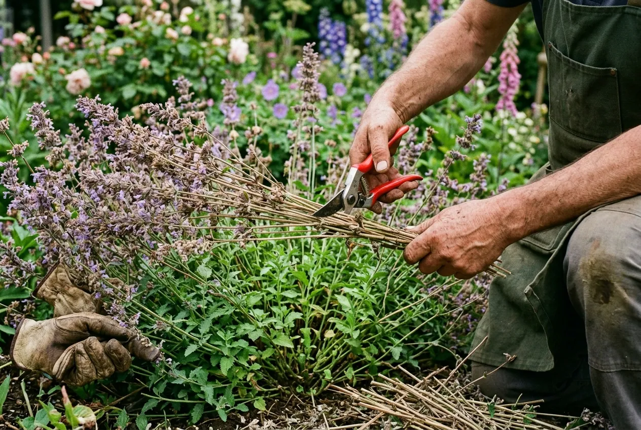 Catmint pruning after first bloom showing shears cutting back spent flower stems