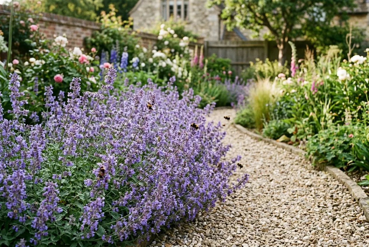 Catmint Nepeta Walker's Low in full blue-purple flower along a UK garden border edge