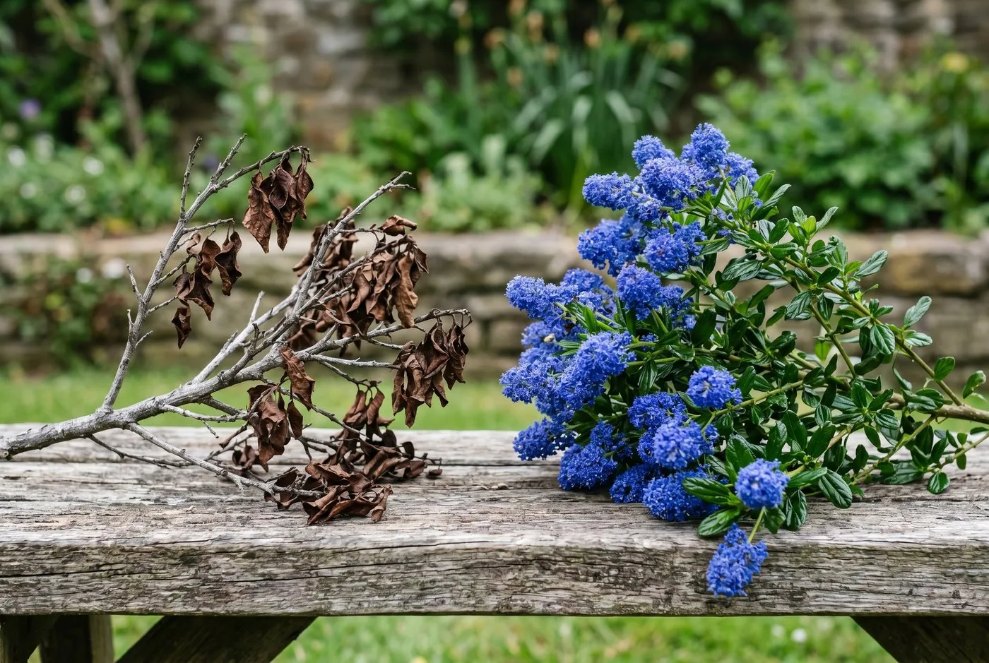 A dying brown ceanothus branch beside a healthy blue-flowered branch on a wooden garden bench, showing the diagnostic contrast