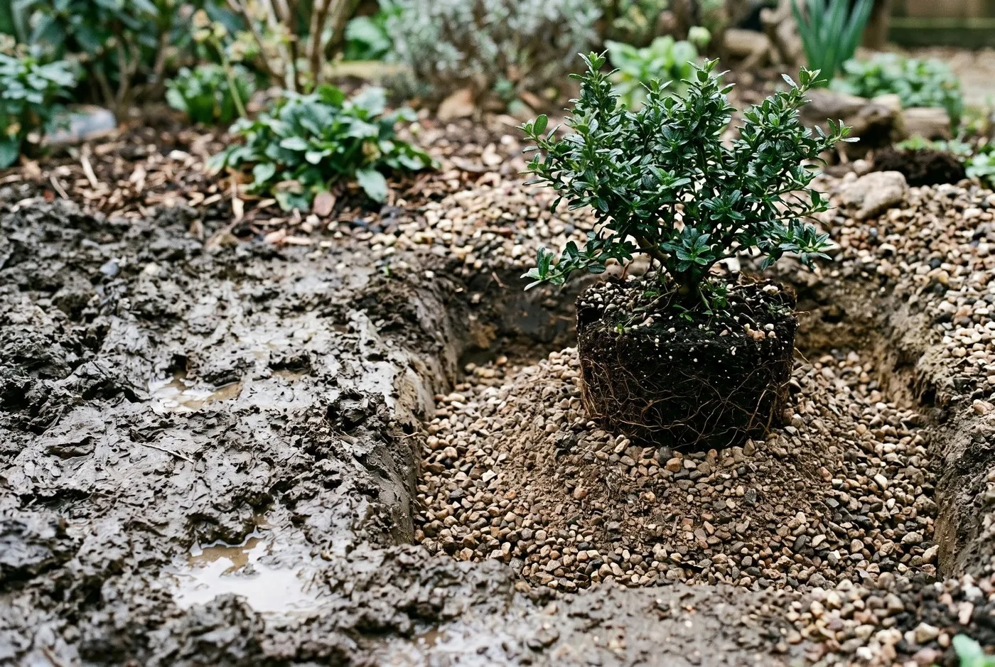 A ceanothus rootball planted high on a raised mound of soil mixed with coarse horticultural grit, beside waterlogged dark clay for contrast