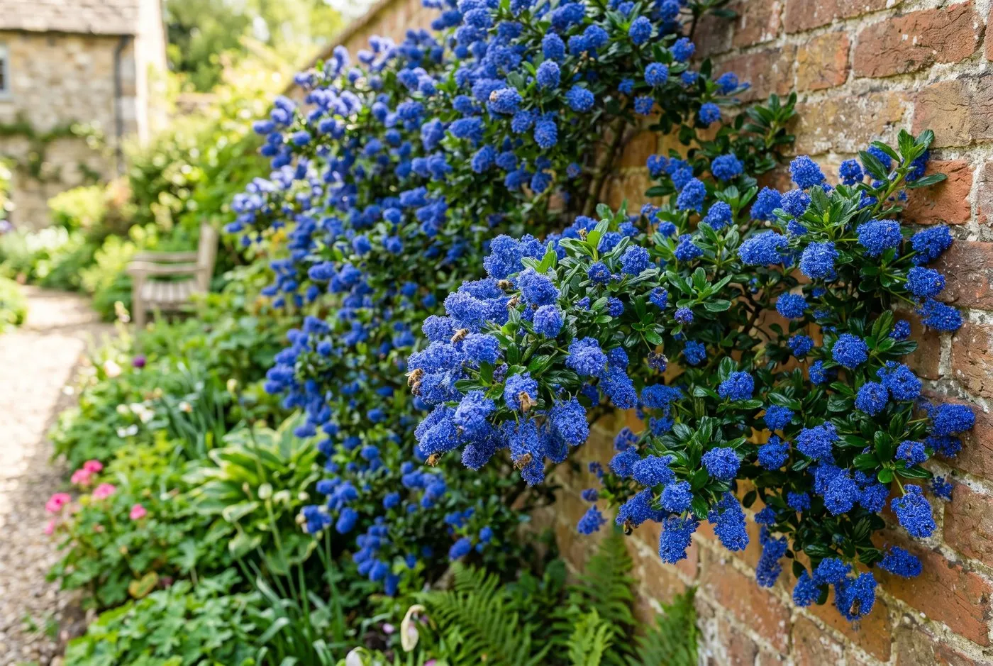 A healthy mature evergreen ceanothus in full vivid blue bloom against a sunny brick wall in a UK garden, with bees visiting the flowers