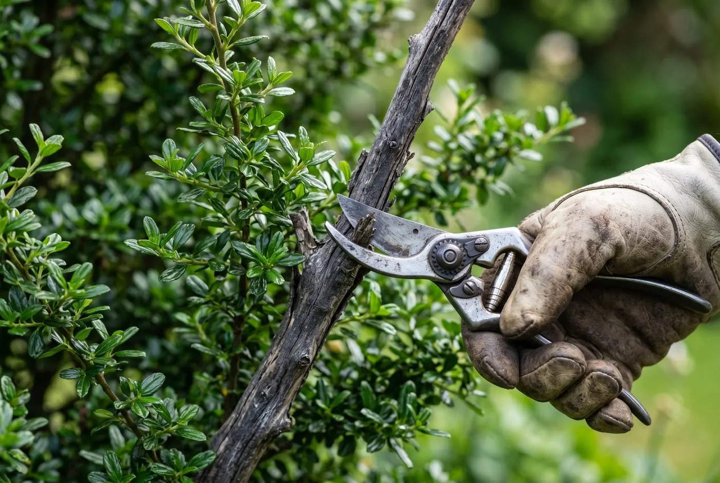 A gloved hand with secateurs about to cut into a bare grey leafless old ceanothus stem, illustrating the fatal pruning mistake