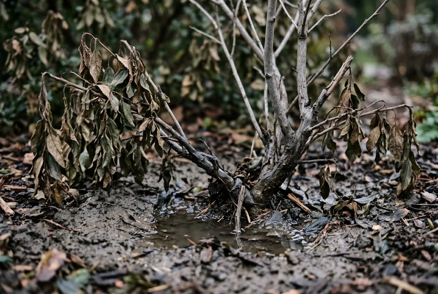 A dying ceanothus on heavy wet clay soil with standing water at its base, dull brown wilting foliage and bare grey stems