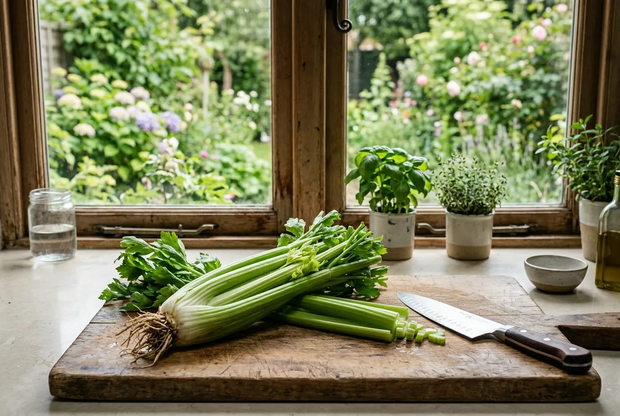 Freshly harvested celery on a kitchen chopping board with garden view