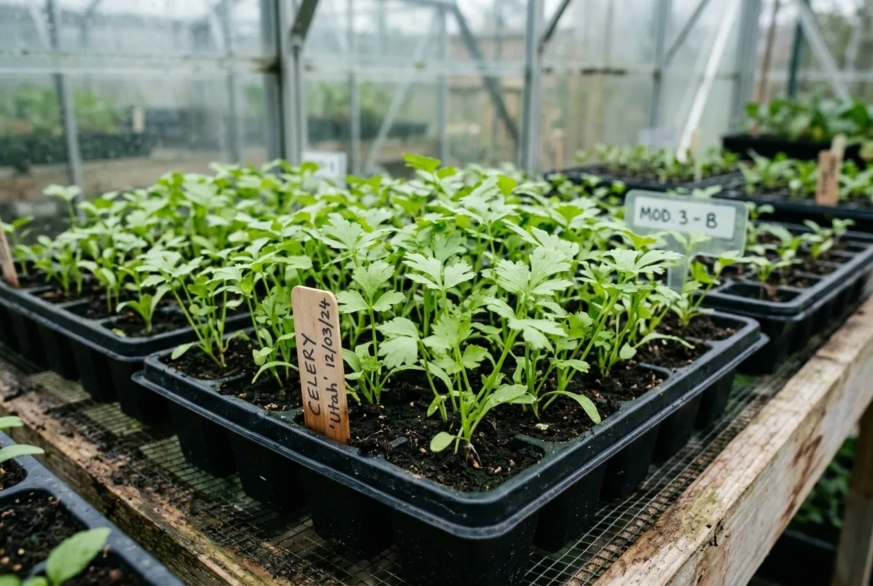 Celery seedlings growing in module trays under glass in a UK greenhouse
