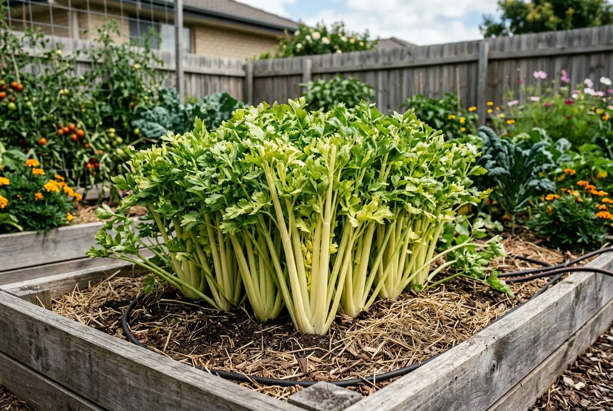 Self-blanching celery growing in a block formation in a UK raised bed
