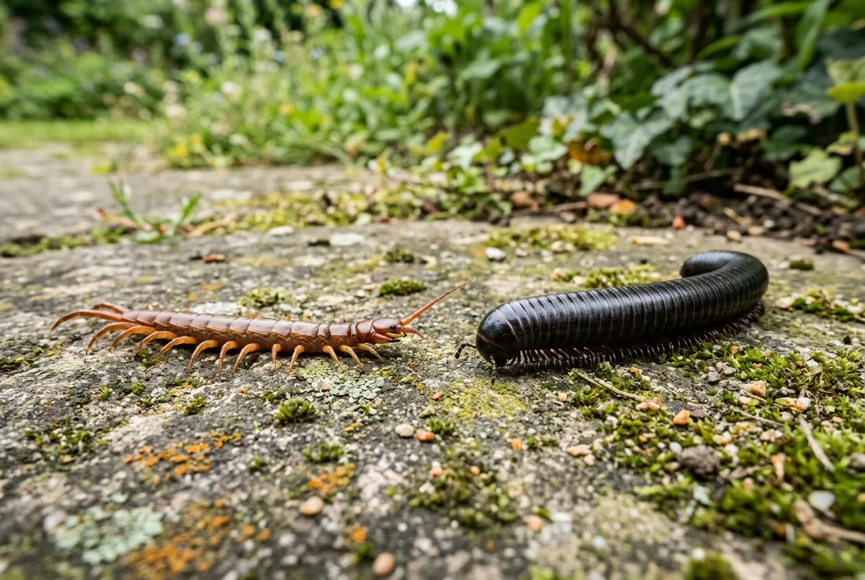 Centipede and millipede side by side on a UK garden stone path showing key identification differences