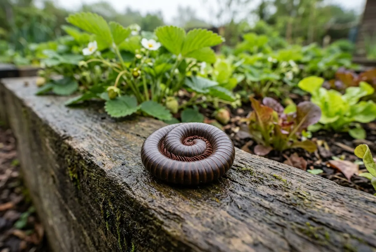 Millipede curled into a defensive spiral on a raised bed edge in a UK vegetable garden