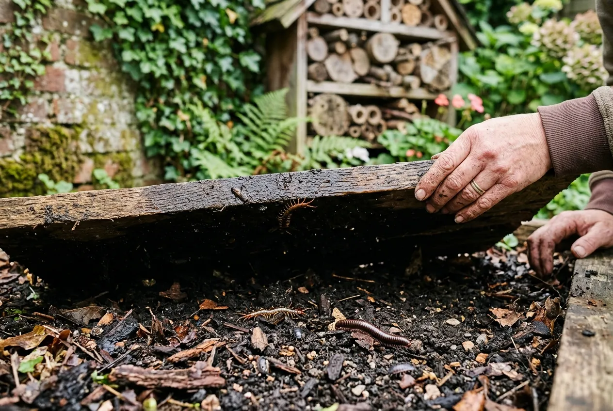 A gardener lifting a damp wooden board to reveal invertebrates in the soil underneath in a UK garden