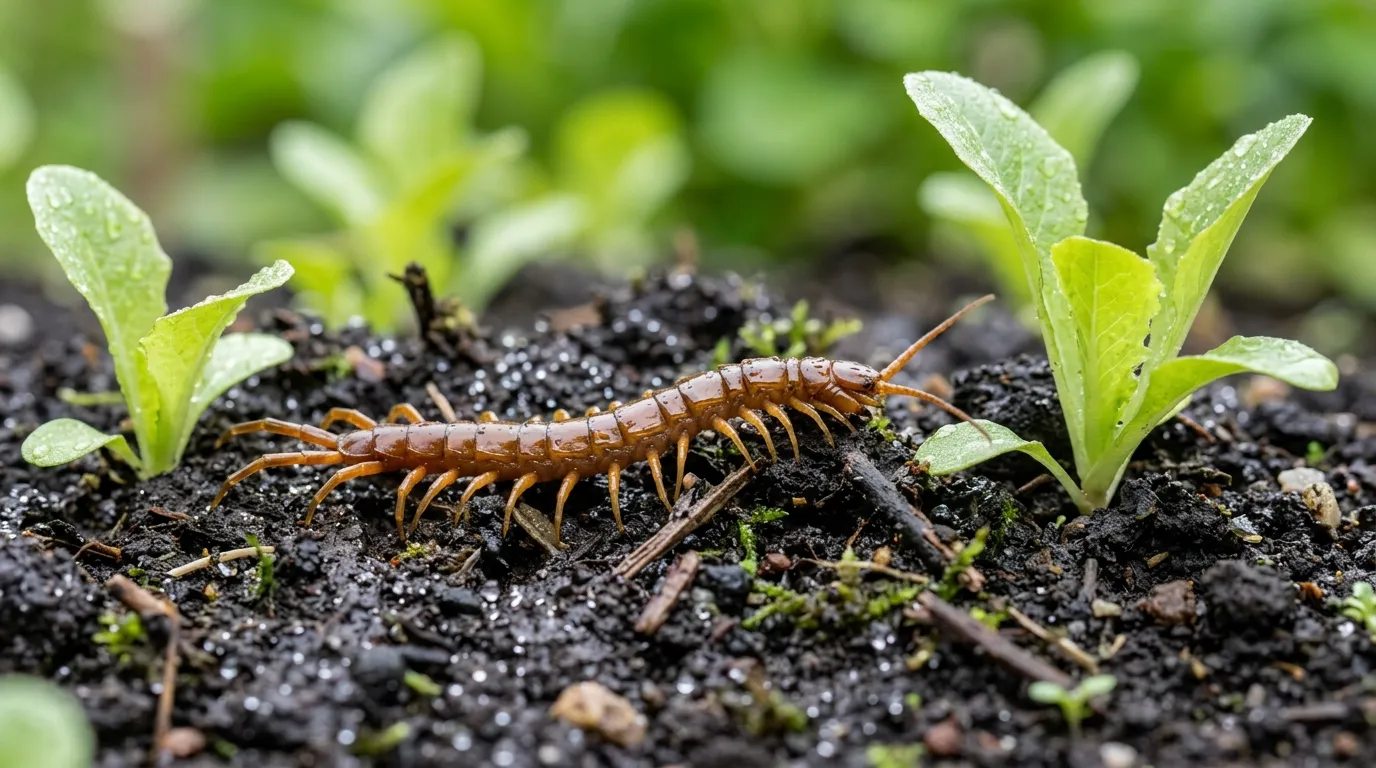 Centipede crawling across damp soil between garden seedlings in a UK garden