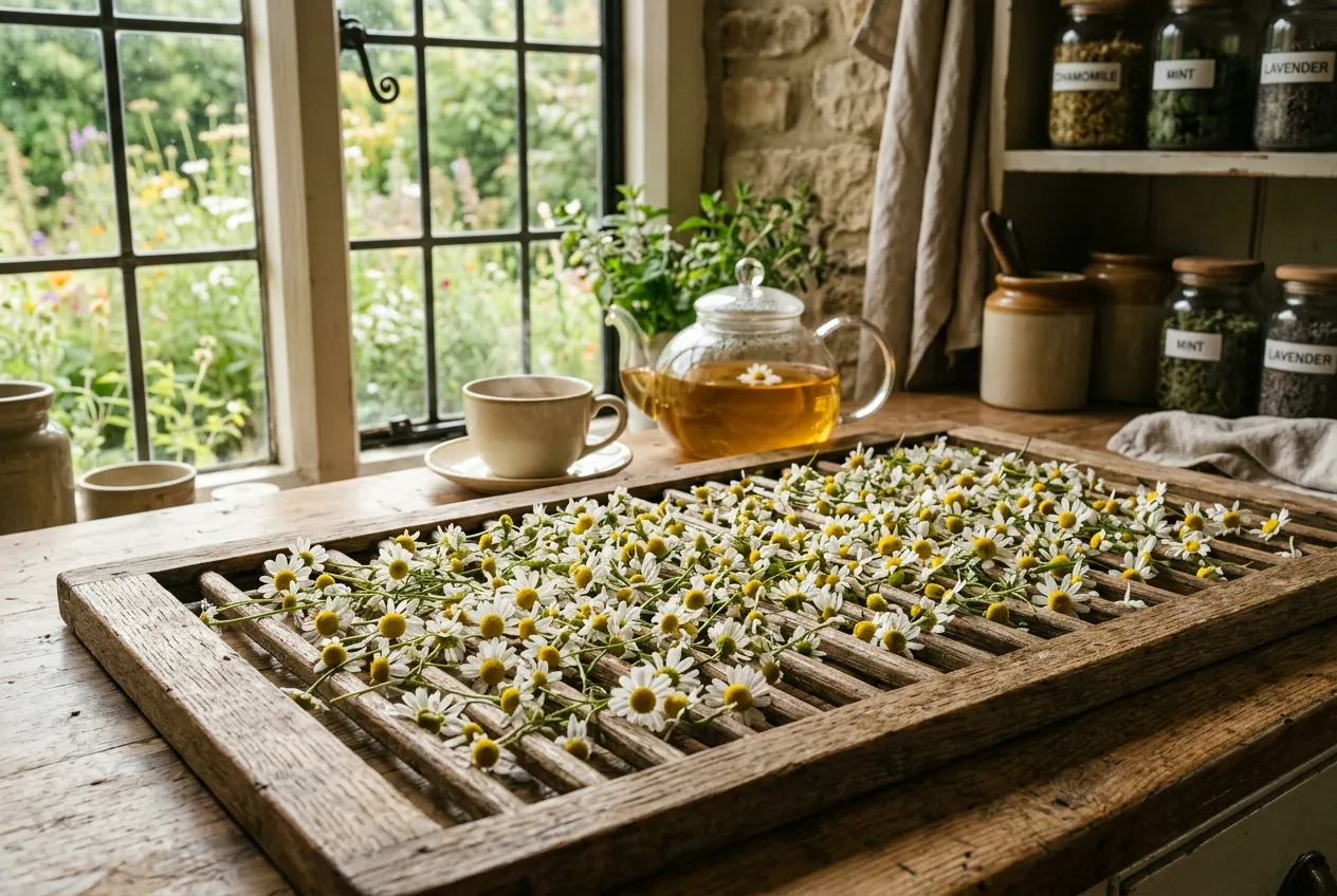 Chamomile flowers drying on a wooden rack with golden chamomile tea in background