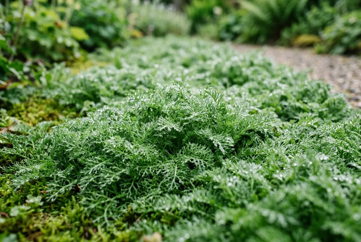 Chamomile lawn showing dense Treneague foliage without flowers in a UK garden