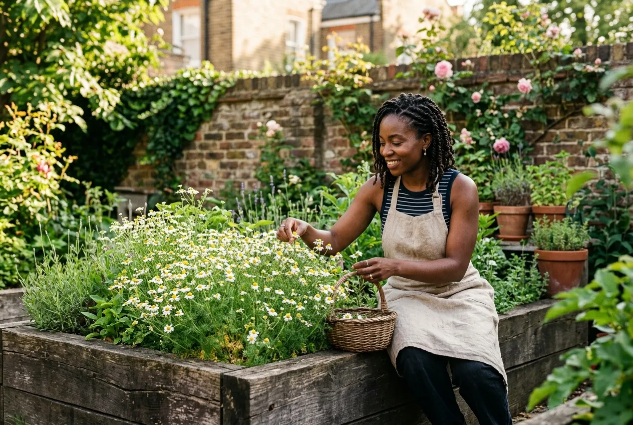 Chamomile growing in a raised herb bed in a city garden with a gardener tending the plants