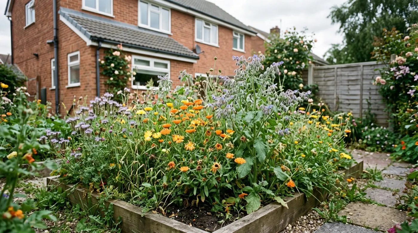 A chaos gardening bed in a Staffordshire garden, jumbled with calendula, borage and phacelia grown from mixed leftover seed