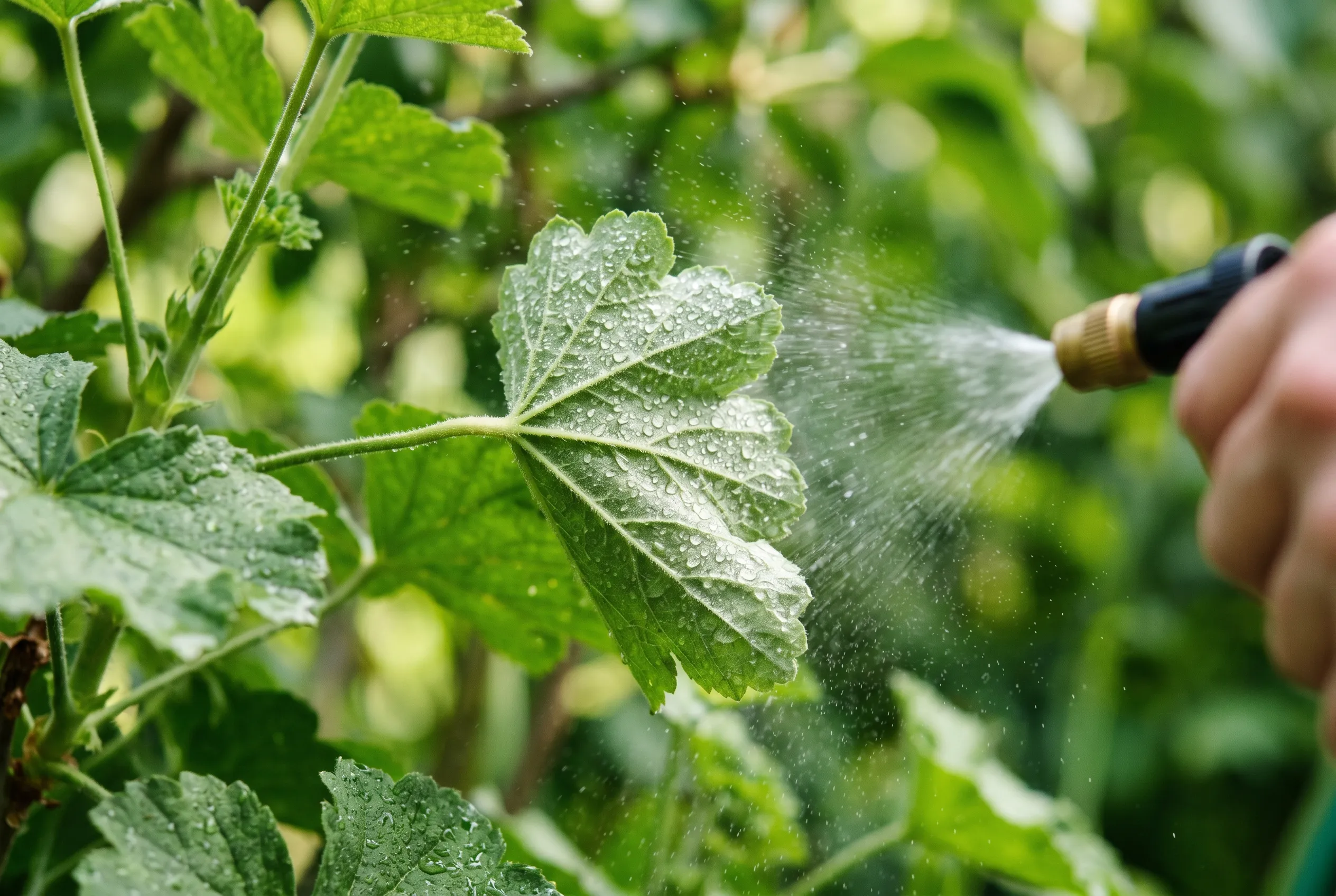 A fine spray of foliar feed being applied to the underside of green leaves with droplets visible