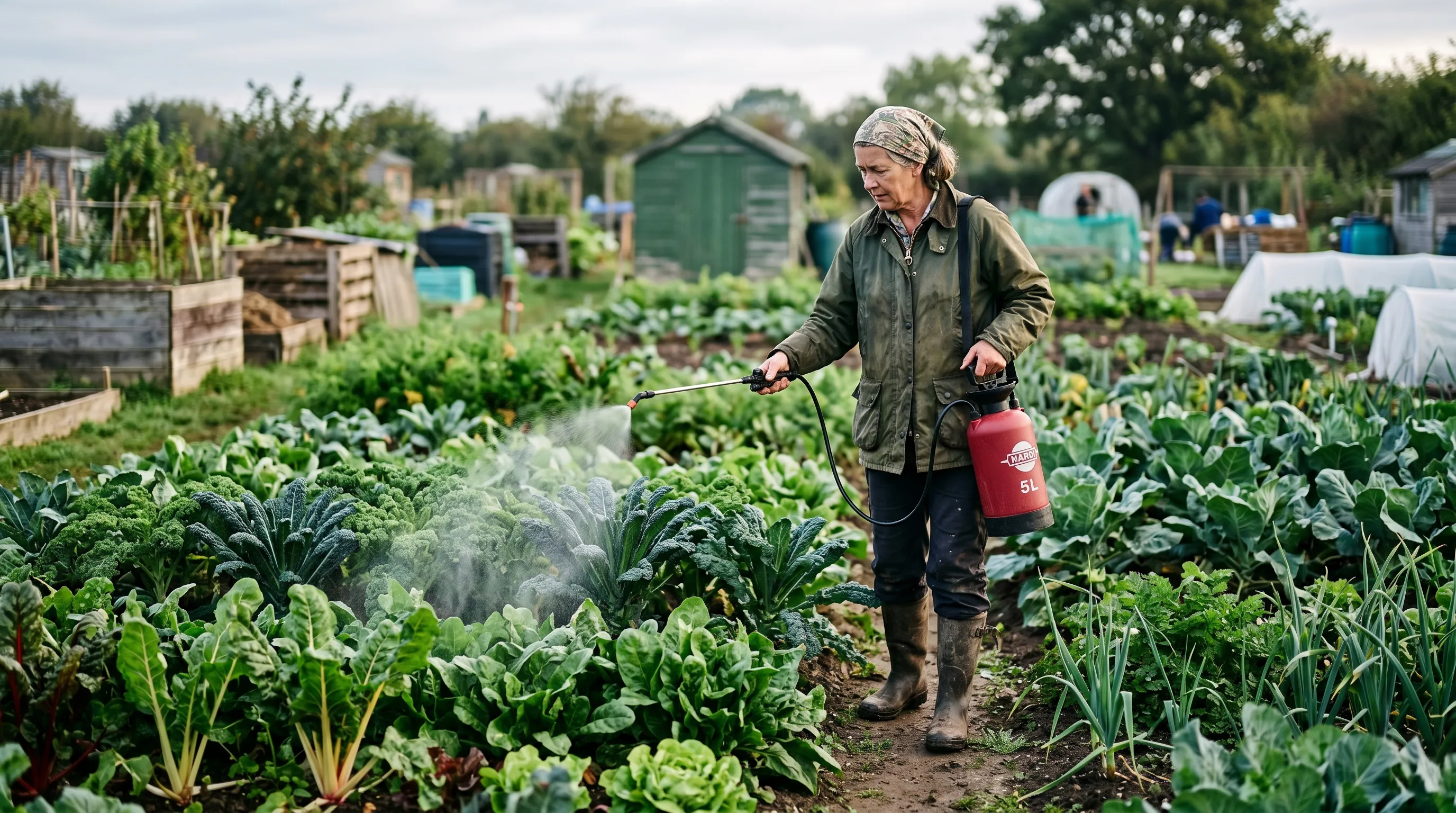 A gardener spraying a fine foliar feed onto crop leaves with a pump sprayer on a UK allotment