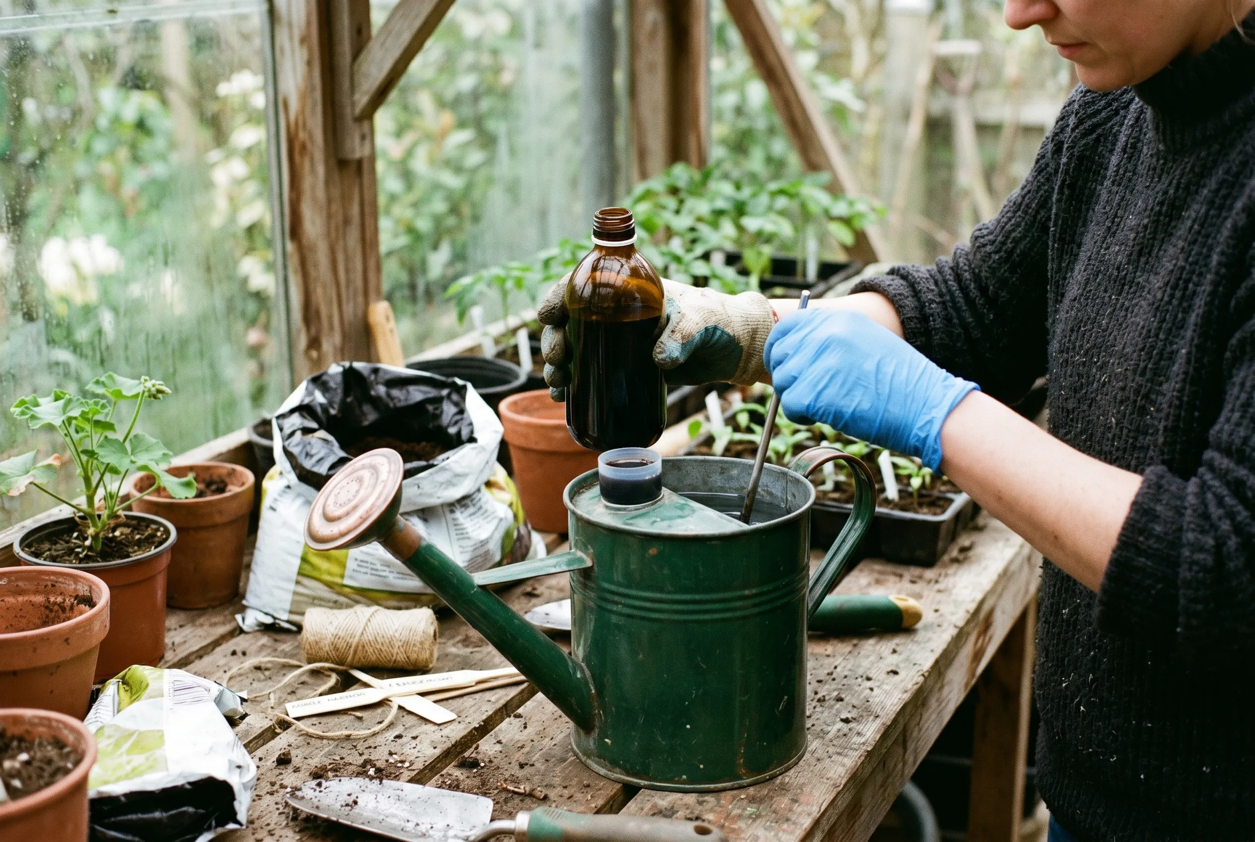 A bottle of dark chelated iron plant tonic being measured and stirred into a watering can of water