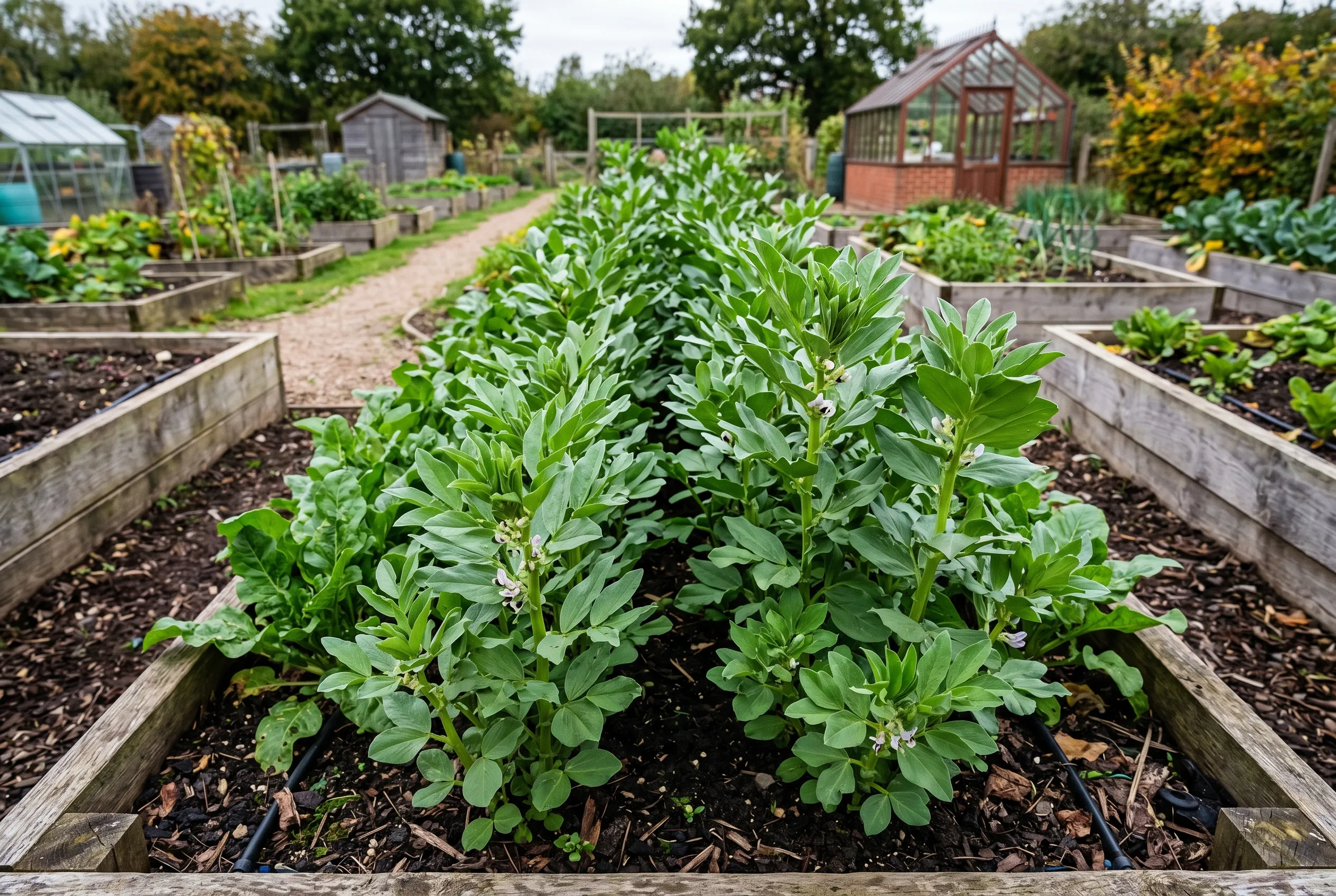 A row of lush deep green healthy recovered crop plants in a UK raised bed after correcting a nutrient deficiency